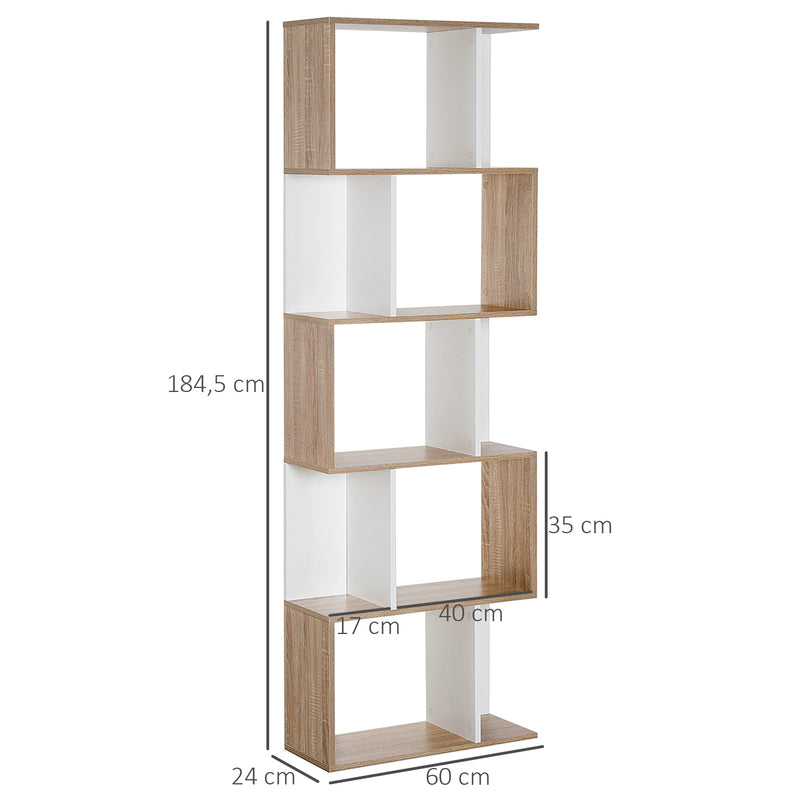 Estante para Livros Estante Alta de Parede com 5 Níveis em Forma de S Desenho Moderno para Sala de Estar Escritório 60x24x184,5cm Branco e Madeira