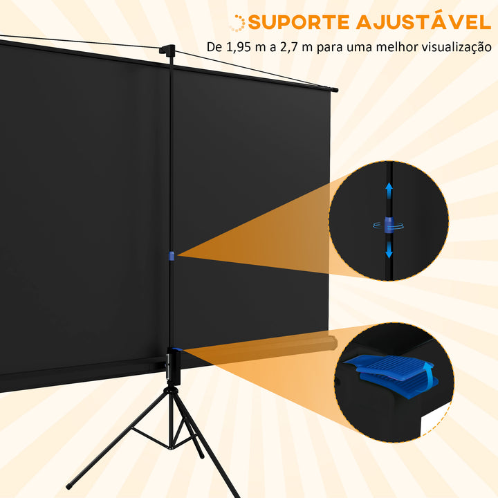 Tela de Projeção Manual com Suporte 100 Polegadas Tela de Projeção Portátil Formato 16:9 com Altura Ajustável para Interior e Exterior Cinema em Casa 235,8x8x136 cm Branco e Preto