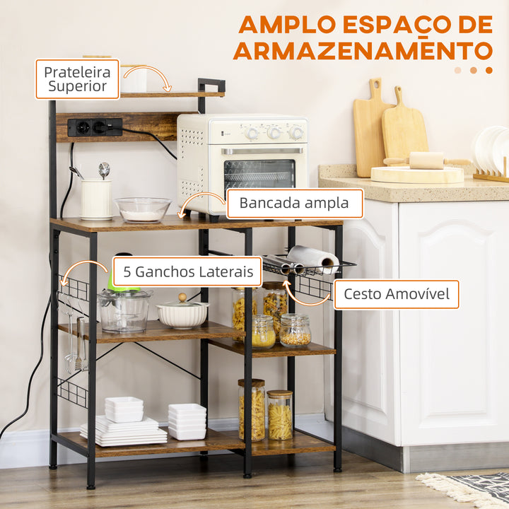 Estante de Cozinha Estante para Micro-Ondas Móvel Auxiliar de Cozinha com Ficha 2 Carregadores USB Prateleira Ajustável 5 Gancho em S e Cesta Amovível 90x42x130 cm Marrom Rústico