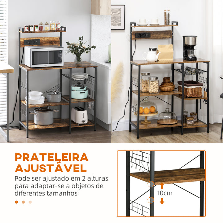 Estante de Cozinha Estante para Micro-Ondas Móvel Auxiliar de Cozinha com Ficha 2 Carregadores USB Prateleira Ajustável 5 Gancho em S e Cesta Amovível 90x42x130 cm Marrom Rústico