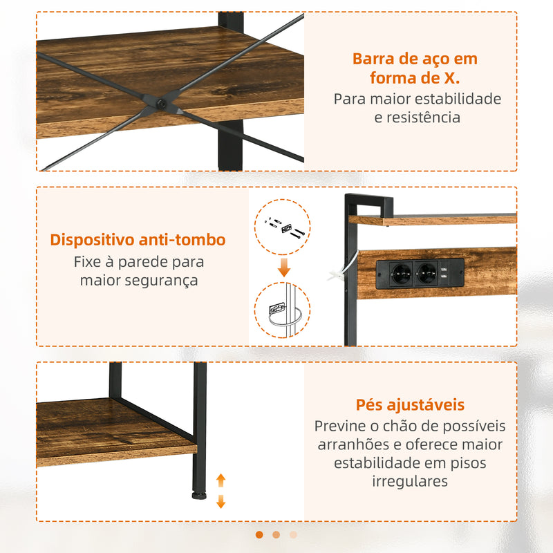 Estante de Cozinha Estante para Micro-Ondas Móvel Auxiliar de Cozinha com Ficha 2 Carregadores USB Prateleira Ajustável 5 Gancho em S e Cesta Amovível 90x42x130 cm Marrom Rústico