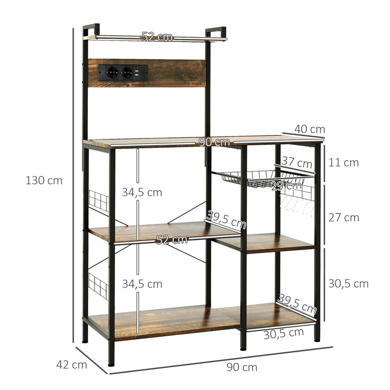 Estante de Cozinha Estante para Micro-Ondas Móvel Auxiliar de Cozinha com Ficha 2 Carregadores USB Prateleira Ajustável 5 Gancho em S e Cesta Amovível 90x42x130 cm Marrom Rústico