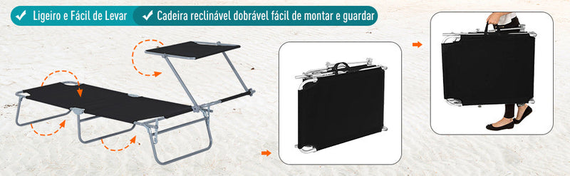 Espreguiçadeira Dobrável reclinável de ferro pano de oxford para jardim 187x58x27cm preto