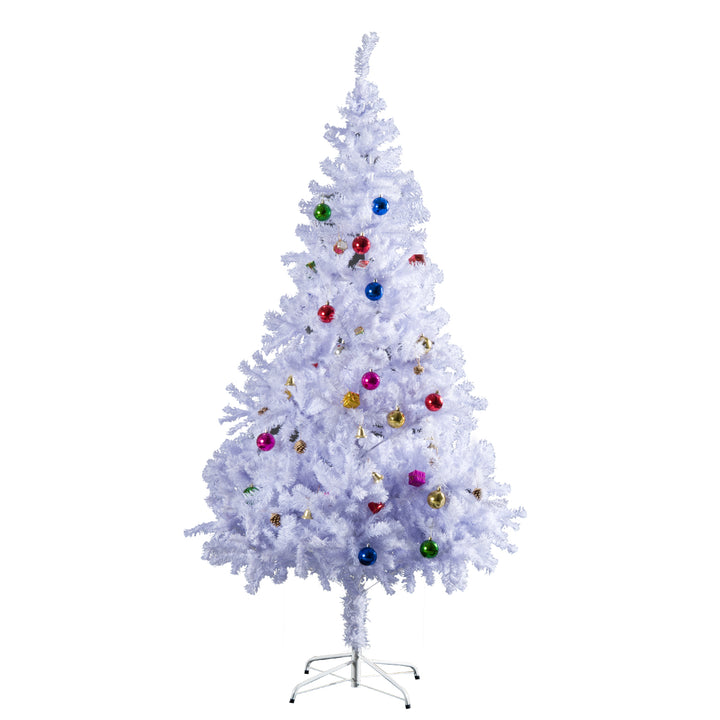 Árvore de Natal Artificial 150cm com 680 Ramos de PVC 48 Decorações Incluidas Suporte Metálico Decoração de Natal para Interiores F85x150cm Branco