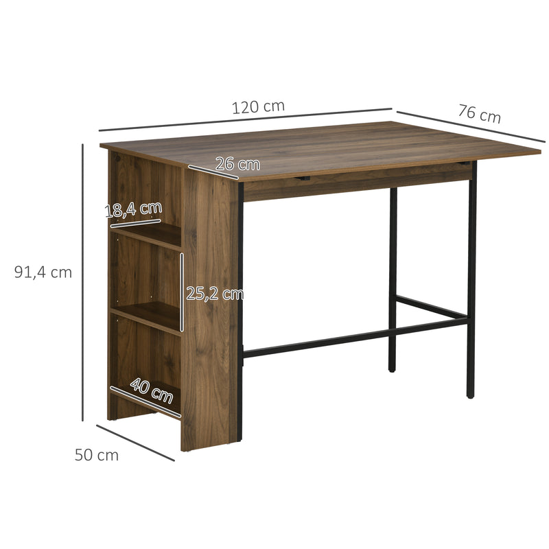 Mesa de Bar Extensível Mesa de Bistrô com 3 Prateleiras de Armazenamento e Estrutura de Metal para Cozinha Sala de Jantar 120x76x91,4cm Marrom