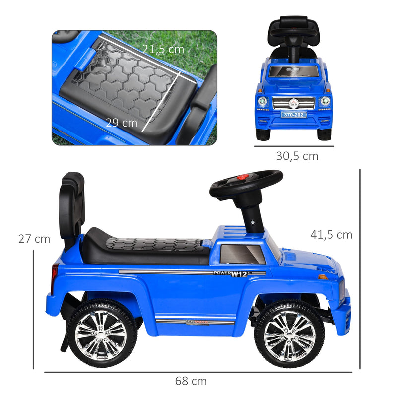 Carro Andador para Bebé de 18-36 Meses Carro sem Pedais com Faróis Música Buzina Compartimento de Armazenamento e Encosto Alto 68x30,5x41,5cm Azul