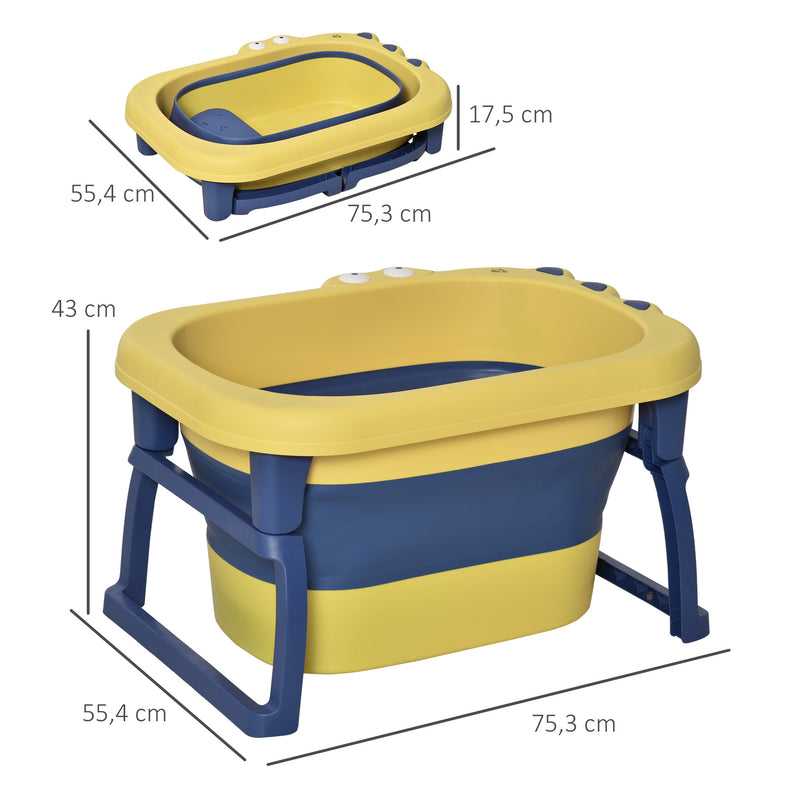 Banheira Dobrável para Bebé de 0-6 Anos Capacidade 105L Banheira Portátil para Crianças com Pés Antiderrapantes e Orifício de Drenagem Carga Máxima 50kg 75,3x55,4x43cm Amarelo e Azul