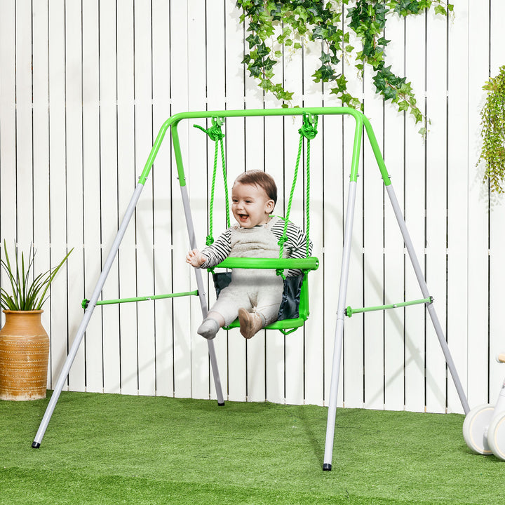 Baloiço Infantil de Aço Baloiço para Crianças de 6-36 Meses com Encosto Alto e Arnês de Segurança para Interior e Exterior Carga Máxima 25 kg 122x146x122 cm Verde