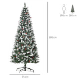 Árvore de Natal Artificial 180cm Ignífugo com 618 Ramos 34 Bagas 30 Pinhas Folhas de PVC e Suporte Metálico Decoração de Natal para Interiores Verde