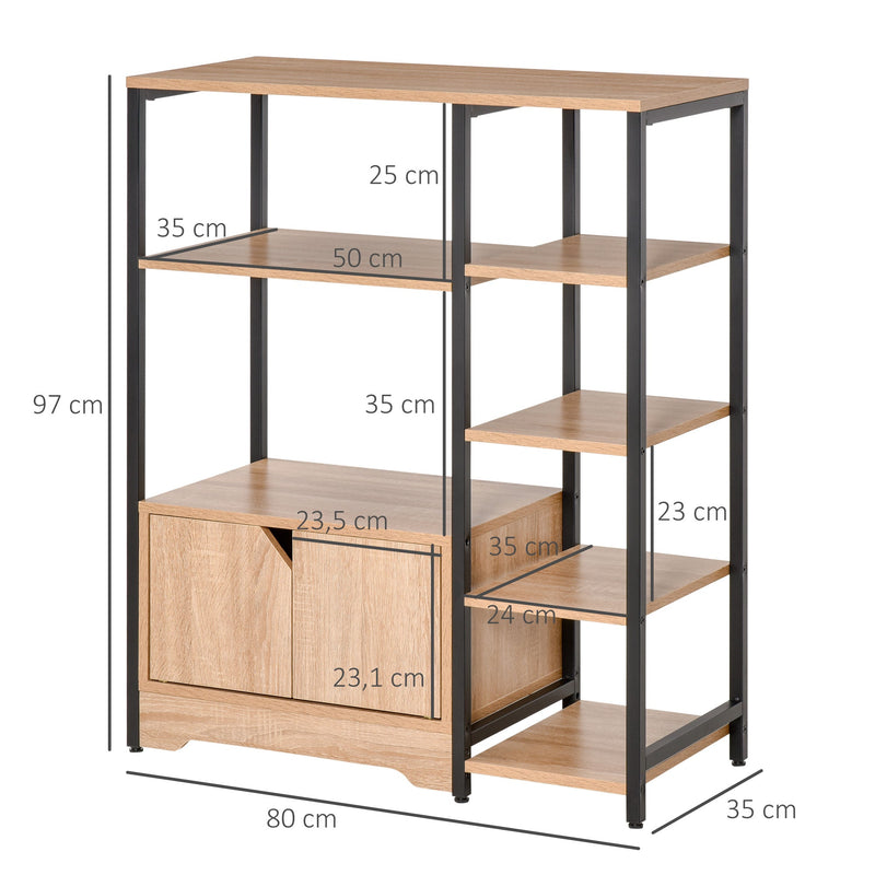 Estante para Livros com Múltiplas Prateleiras Abertas e 1 Armário com Porta Dupla Estante de Armazenamento para Escritório Sala de Estar 80x35x97cm Madeira Natural