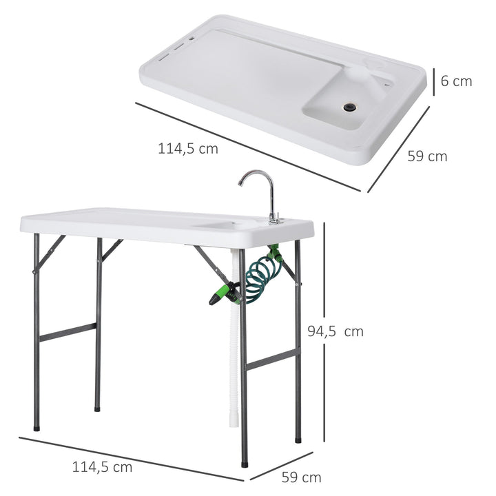 Mesa de piquenique dobrável com torneira de pia e pistola de irrigação extensível 114,5x59x94,5 cm Branco