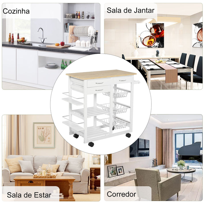 Carrinho de cozinha Carrinho de serviço multifuncional com gavetas Cestas Prateleiras de especiarias Toalheiro Rodas 92x37x82 cm Branco