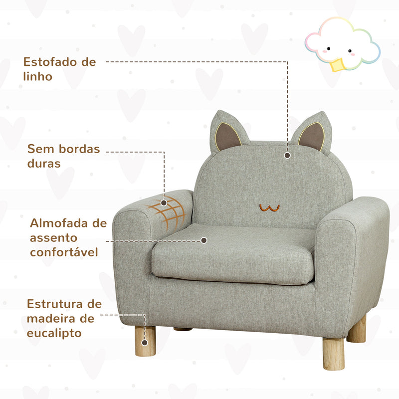 Poltrona Infantil Mini Sofá para Crianças acima de 3 Anos com Assento Acolchoado Apoio para os Braços e Estrutura de Madeira Carga Máxima 45kg 60x42x50cm Cinza