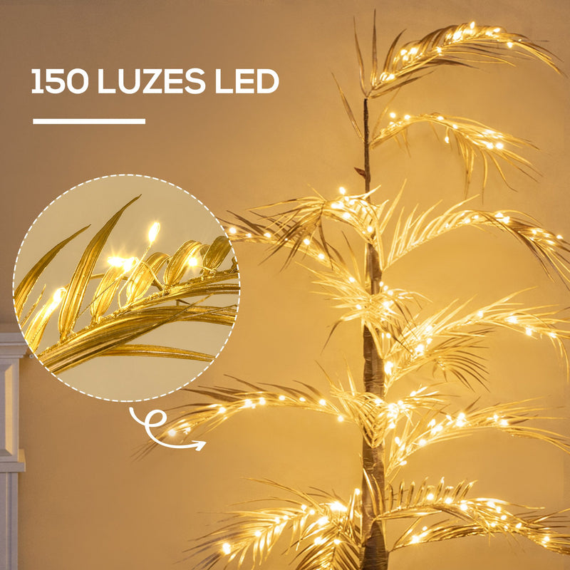 Árvore Palmeira com 150 Luzes LED IP44 Branco Quente Árvore Decorativa para Sala de Estar Festas Interior 21x21x150cm Dourado