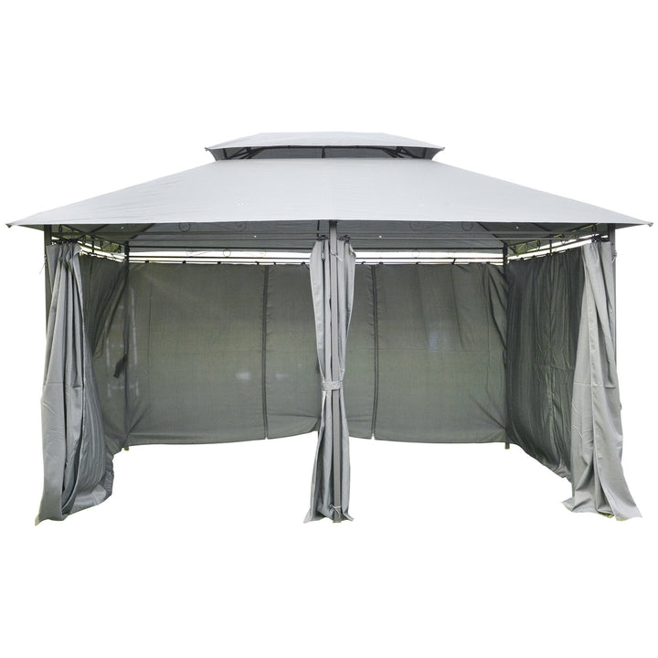Pérgola de jardim 3x4 m com estrutura de aço telhado duplo 6 cortinas laterais 8 orifícios de drenagem Boa ventilação para festas Eventos cinza