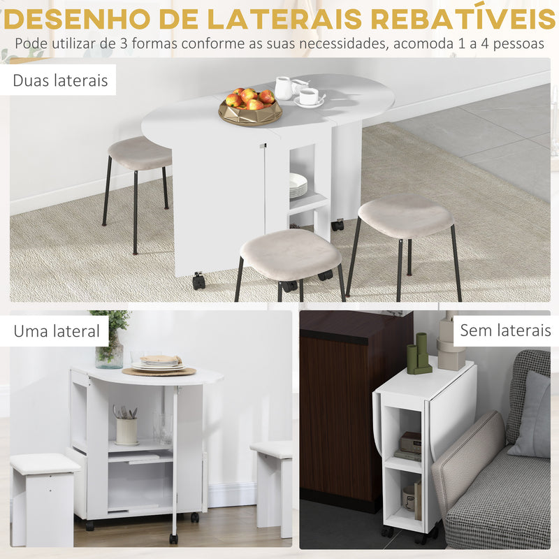 Mesa de Cozinha Dobrável com Rodas Mesa de Cozinha com Laterais Rebatíveis e 2 Prateleiras Abertas Estilo Moderno Carga 80 kg 120x60x77 cm Branco