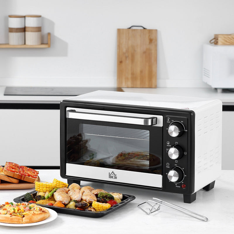 Mini Forno de Convecção 16L com 3 Modos de Aquecimento Temperatura até 230°C Temporizador 60 Minutos Bandeja para Assar e Grade 44x32x28,1cm Branco e Preto