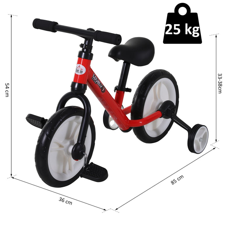 Bicicleta Balance com pedais e rodas removíveis Cor vermelha Assento ajustável 33-38cm Crianças +2 Anos Carga 25kg