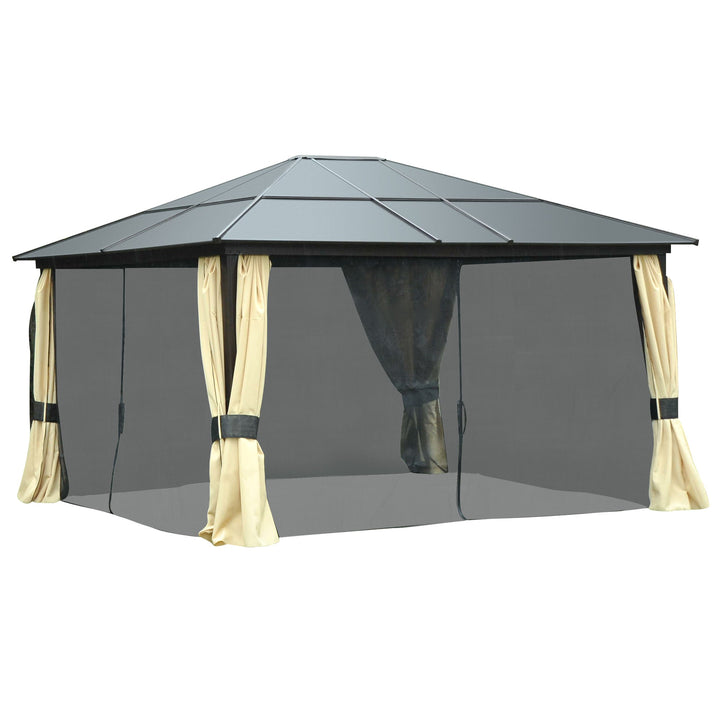 Pérgola de Jardim 4,3x3,6m Pérgola de Alumínio de Exterior com Teto de Policarbonato 4 Cortinas Laterais e 4 Telas Mosquiteiras com Zíper para Festas Eventos Marrom e Bege