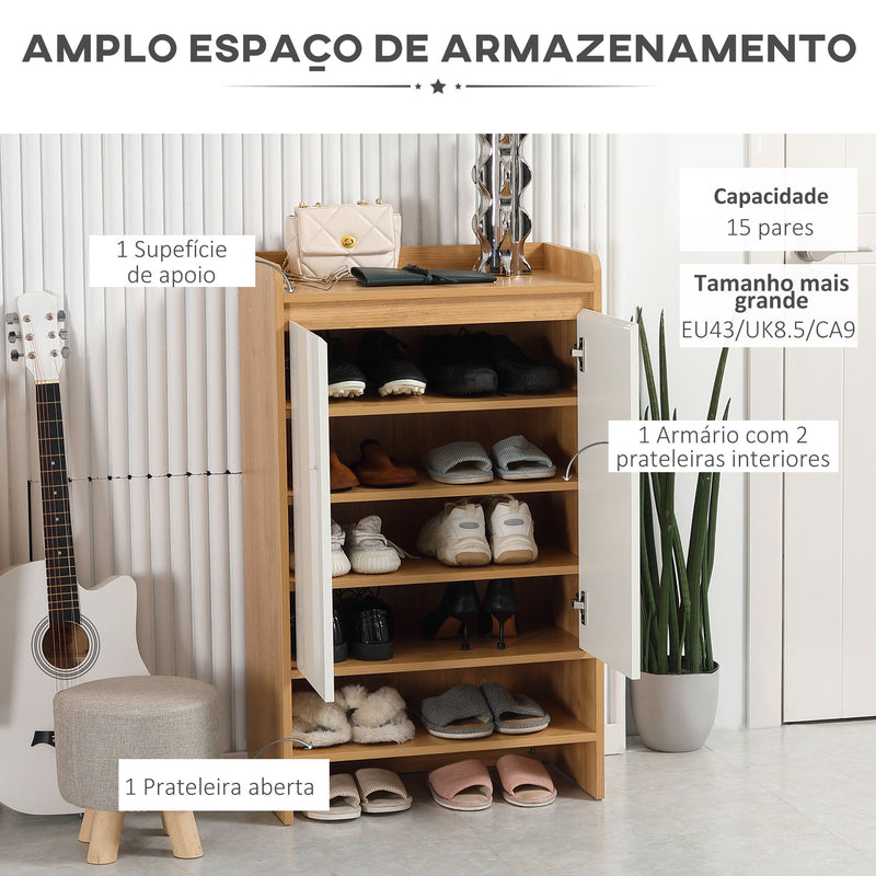 Sapateira Moderna Armário para Sapatos com 2 Portas 5 Prateleiras de Armazenamento para 15 Pares de Sapatos para Dormitório Corredor Entrada 60x32x100cm Madeira e Branco