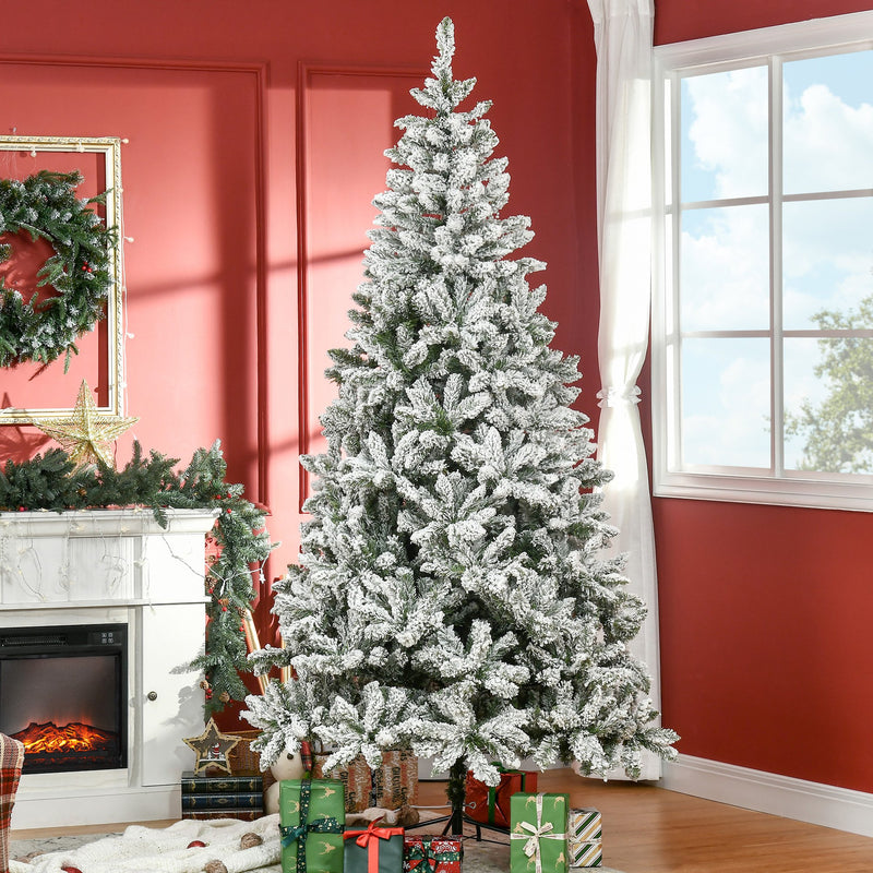 Árvore de Natal Artificial 255cm com Neve Ignífugo com 1300 Ramos Folhas de PVC Base Dobrável e Suporte Metálico Decoração de Natal para Interiores Verde