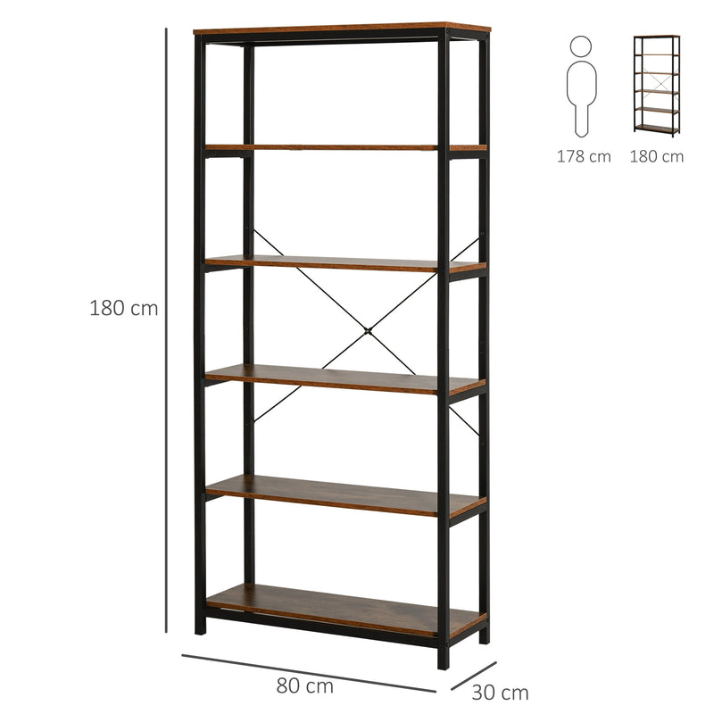 Estante estilo industrial com 6 prateleiras abertas para sala de estar Escritório 80x30x180 cm Castanho Rústico