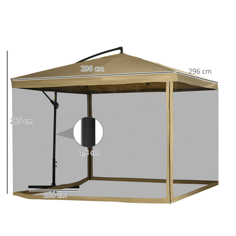 Chapéu de Sol de Jardim 296x296x265cm Chapéu de Sol Excêntrico com Rede Mosquiteira manivela Base Cruzada e Suporte de Aço para varanda Pátio Exterior Bege