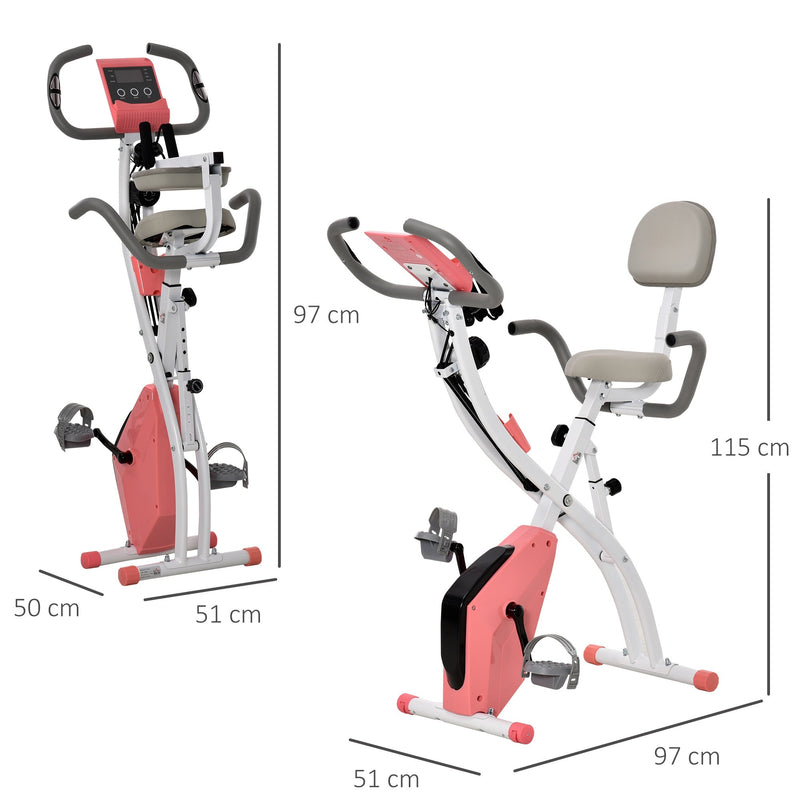 Bicicleta Estática Dobrável com Altura e Resistência Ajustáveis com Tela LCD e Assento com Encosto 51x97x115 cm Rosa