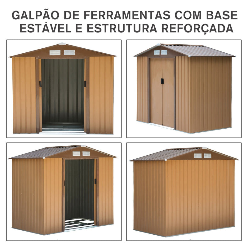 Galpão de jardim de aço com porta deslizante e ventilação para armazenamento de ferramentas 213x127x185 cm marrom