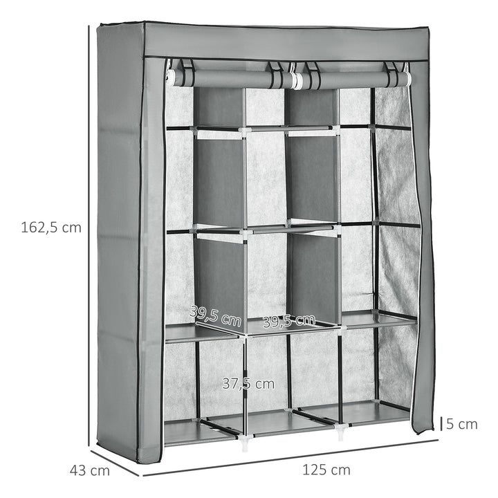 Roupeiro de Tecido Dobrável Armário Portátil com 8 Prateleiras de Armazenamento e 2 Barras de Pendurar Organizador de Roupa para Dormitório Vestidor 125x43x162,5cm Cinza Claro