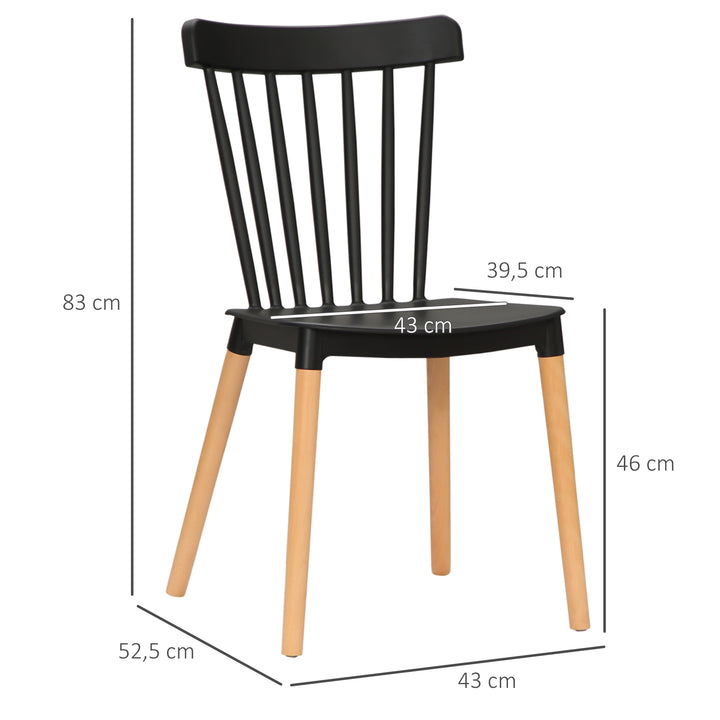 Conjunto de 4 Cadeiras Estilo Nórdico Cadeiras de Cozinha com Encosto Alto Assento de Polipropileno e Pés de Madeira de Faia Carga Máx. 120kg 43x52,5x83cm Preto e Madeira