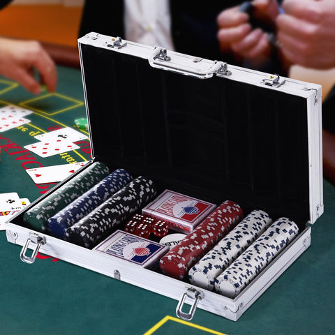 Conjunto de Fichas de Poker com Caixa de Alumínio 5 Dados 1 Botão de Banca e 2 Baralhos de Cartas 38x20,5x6,5 cm