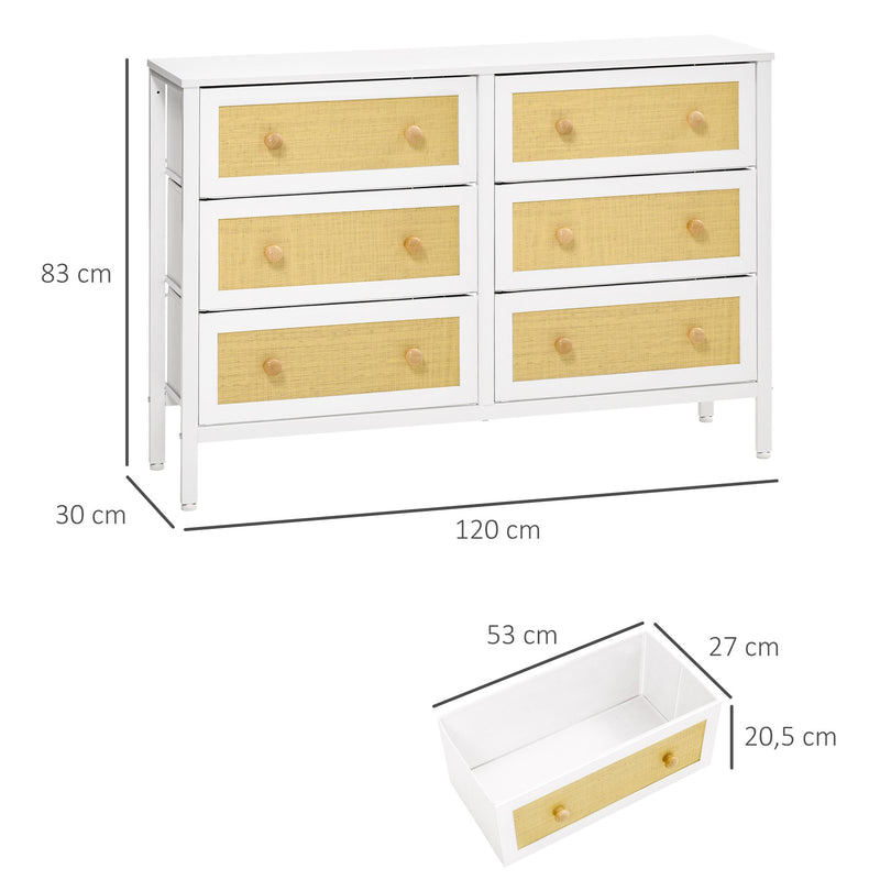 Cómoda Moderna com 6 Gavetas de Tecido Dobráveis para Dormitório Cómoda com Superfície de Vime PE e Estrutura de Aço para Sala de Estar 120x30x83 cm Branco