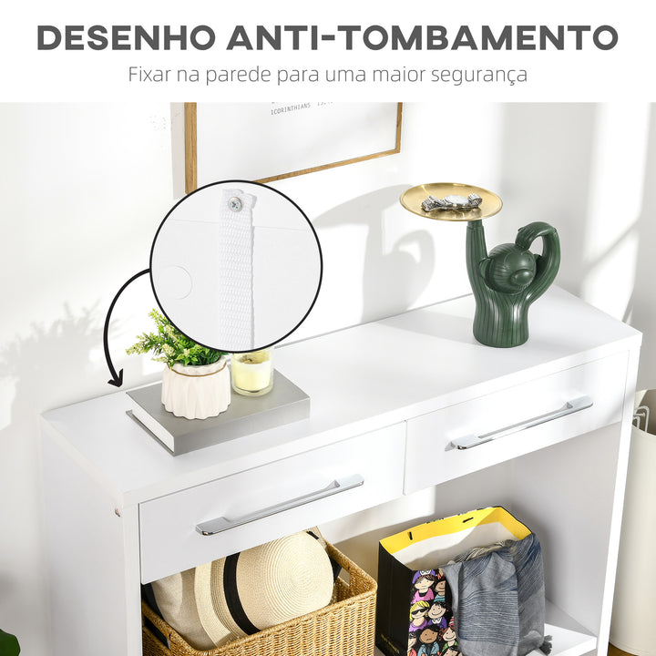 Mesa Consola com 2 Gavetas e Prateleira de Armazenamento Móvel de Entrada para Corredor Sala de Estar Estilo Moderno Anti-Rolamento Carga Máxima 50kg 101,6x28x76,2cm Branco