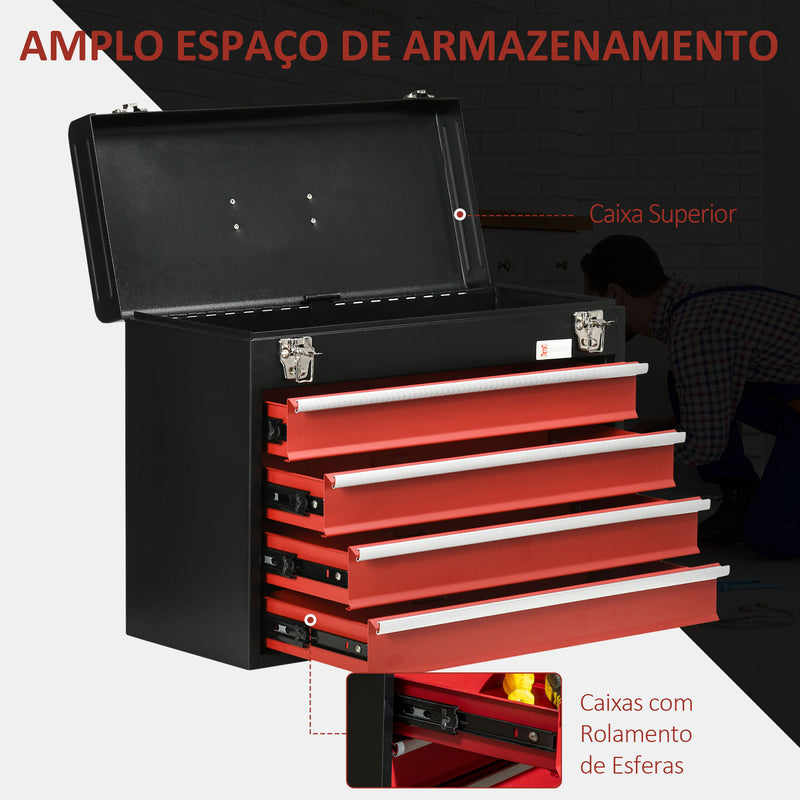 Caixa de Ferramentas de Aço com 4 Gavetas Tampa Abatível e Fechaduras Metálicas Mala de Ferramentas Portátil para Oficina Bricolage Casa 51x22x39,5 Preto e Vermelho