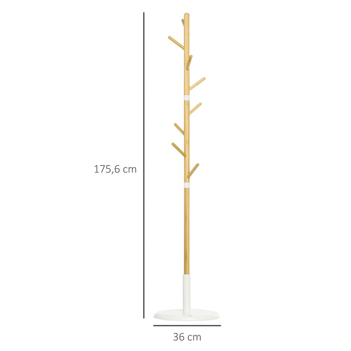 Cabide de Pé de Bambu Cabide de Pé Moderno com 8 Ganchos para Roupas Bolsas Cabide em Forma de Árvore para Entrada Dormitório Ø37,8x175,6 cm Madeira e Branco