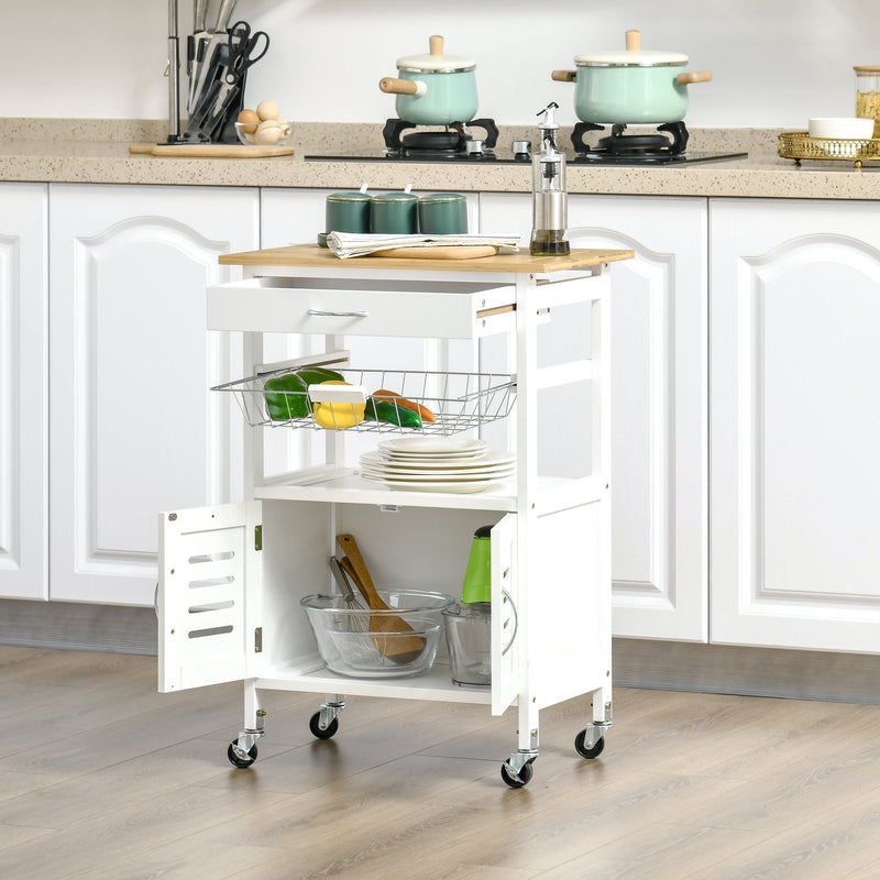 Carrinho de Cozinha com Rodas Carro de Armazenamento Multiúso com Bancada de Bambu Gaveta Cesta Metálica e Armário de 2 Portas de Persiana 58x37x83cm Branco