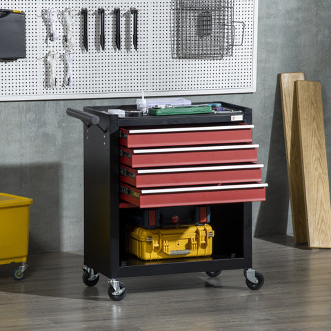 Carro de Ferramentas Móvel com Rodas 4 Gavetas Compartimento de Armazenamento e Alça Lateral Carga 130kg para Garagem Oficina 69x33x75cm Preto e Vermelho