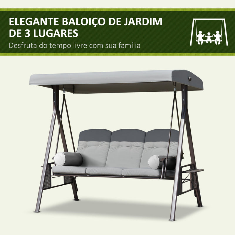 Banco Baloiço de Jardim de 3 Lugares com Teto 2 Almofadas Suporte para Bebidas e Estrutura de Metal para Terraço Balcão Exterior Carga Máxima 360kg 206x116x183cm Cinza