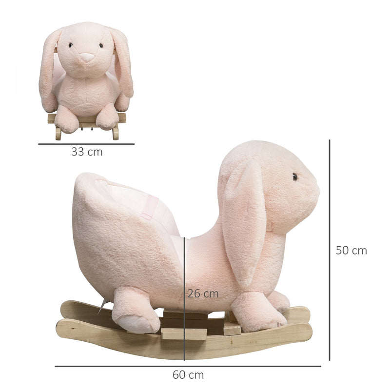 Baloiço Infantil com Forma de Coelho de Pelúcia Baloiço para Bebés 18-36 Meses com Som Cinto de Segurança Guidão e Apoio para os Pés 60x33x50cm Rosa