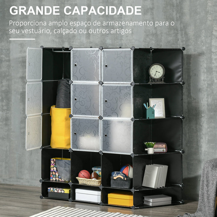 Armário Modular de Plástico Armário Portátil com 16 Cubos e 2 Barras Organizador de Sapatos Roupas Brinquedos para Entrada Corredor Dormitório 145x46x162cm Preto e Branco