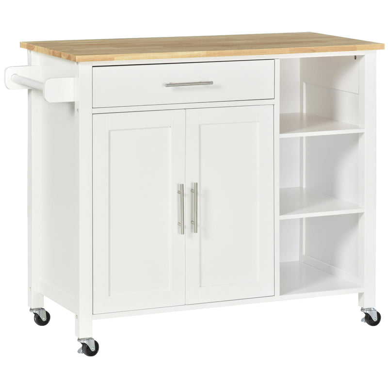 Carrinho de Cozinha com Rodas Móvel Auxiliar de Cozinha com 1 Gaveta 2 Portas 3 Prateleiras Abertas e Barra Lateral para Sala de Jantar 107,5x48x89cm Branco