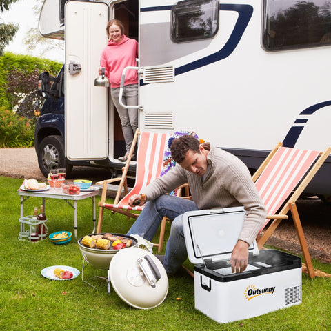 Frigorífico e Congelador de Compressor 18L Portátil até -20? com Luz LED e Alças Dobráveis Frigorífico de Carro 12V/24V e 240V para Casa Campismo Viagem 58,5x33,5x29,2cm Branco
