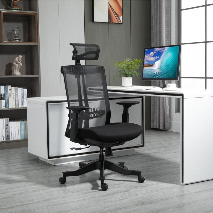 Cadeira de Escritório Ergonômica Giratória e Reclinável com Altura Ajustável Apoio para os Braços Apoio para a Cabeça e Suporte Lombar Regulável 66,5x66x109-118cm Preto