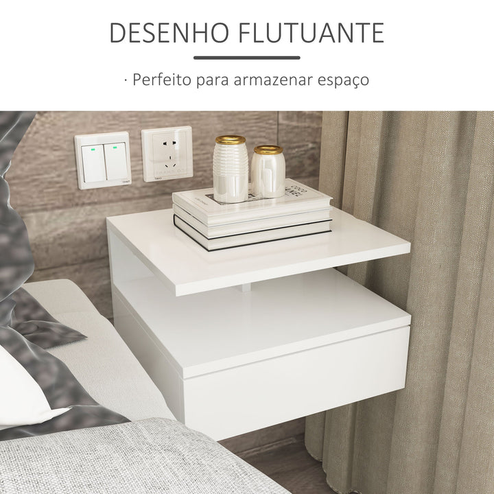 Conjunto de 2 mesas de cabeceira flutuantes com 1 gaveta e prateleira aberta montado na parede de madeira 35x32x22,5 cm Branco