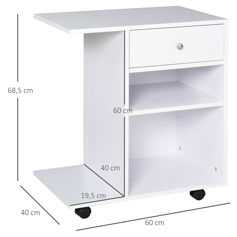 Armário para Impressora de Escritório Multifuncional com Rodas 2 Compartimentos Gaveta Suporte para CPU Prateleira Ajustável para Escritório 60x40x68,5cm Branco Listrado de Madeira