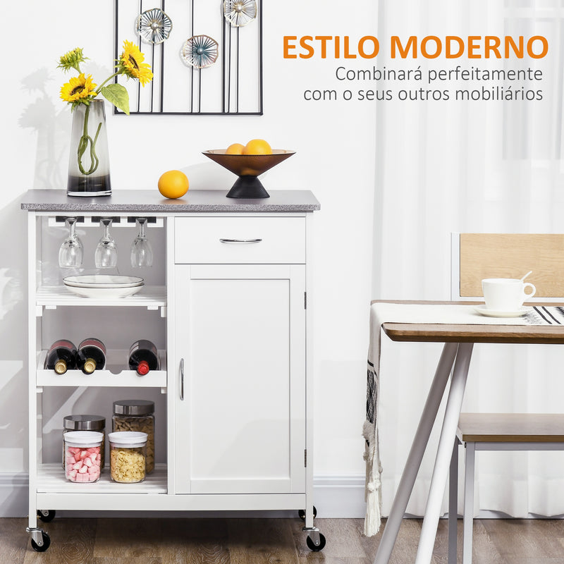 Carrinho de Cozinha com Rodas Carrinho de Cozinha com 1 Gaveta Prateleiras Removíveis Suporte para 4 Garrafas e Armário para Sala de Jantar Sala de Estar Carga 40kg 76x48x88cm Branco e Cinza