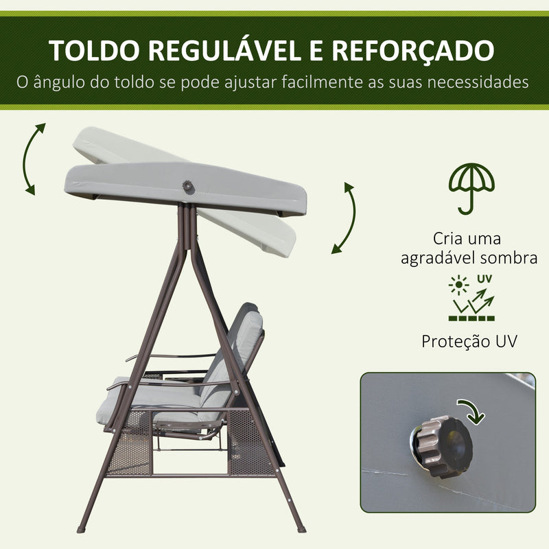 Banco Baloiço de Jardim de 3 Lugares com Teto 2 Almofadas Suporte para Bebidas e Estrutura de Metal para Terraço Balcão Exterior Carga Máxima 360kg 206x116x183cm Cinza