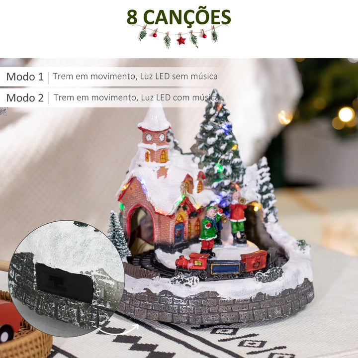 Aldeia de Natal Cena de Decoração Natalícia Iluminada com Luzes LED Trem Giratório e Música Decoração de Natal 20x19,5x20cm Multicor