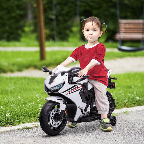 Mota Elétrica com Licença HONDA para Crianças de 3-5 Anos Mota a Bateria 6V com Farol Buzina Música e Rodas Auxiliares Removíveis Carga Máxima 30kg 90x44x52cm Branco